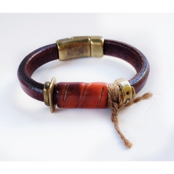 SOLD*Handcrafted Leather Ceramic Bead Bracelet - Picture 3 of 5